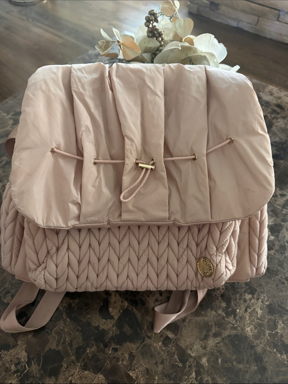 Soft Pink Quilted Knit Backpack with Gold Accent